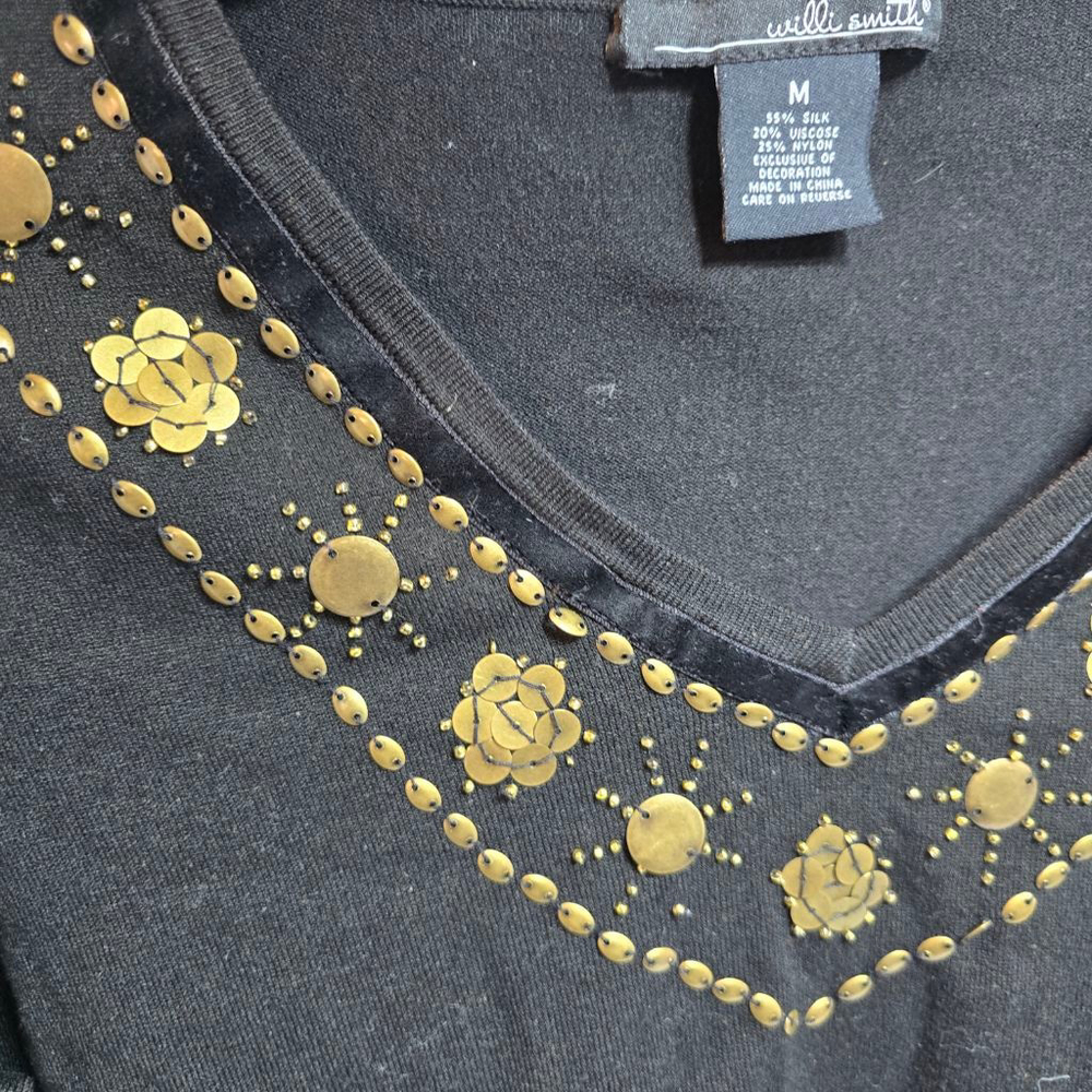 Women's Willi Smith Black Gold Embellished V-Neck Sweater M - Picture 2 of 5